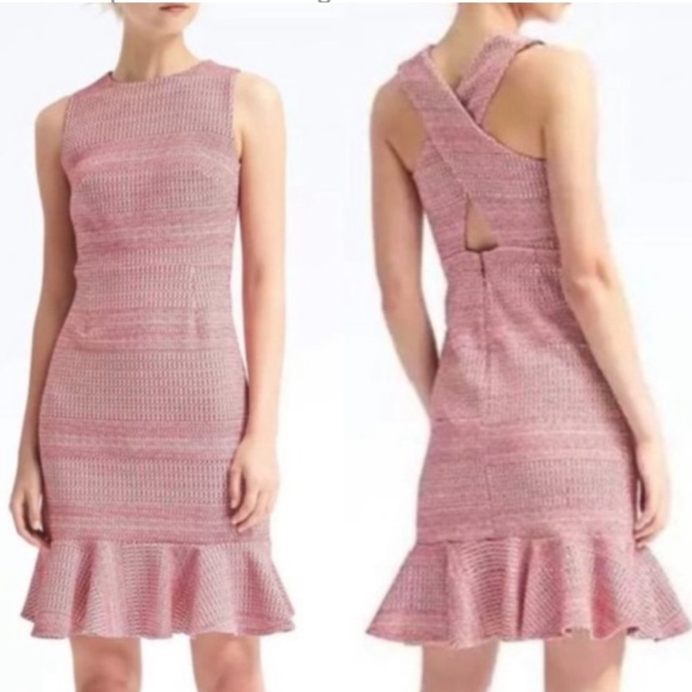 Banana Republic flattering below knee, flare hem, crisscross open back.